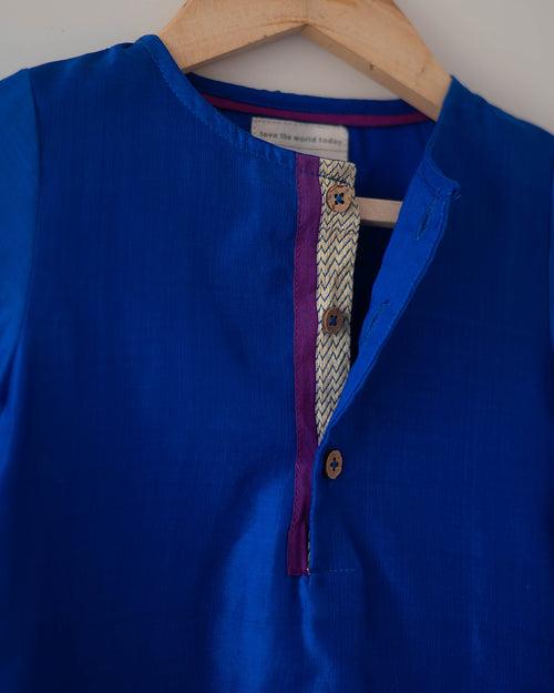 Nilambari royal blue boys ethnic kurta in handwoven cotton silk