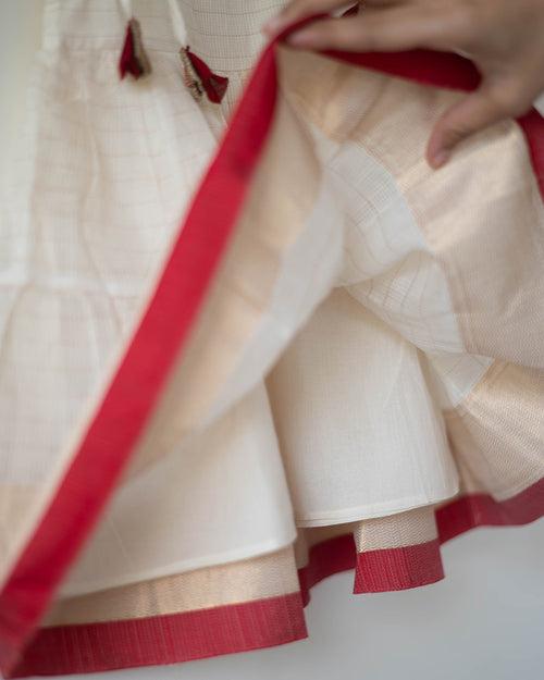 Parijat white infant tiered festive dress in handwoven cotton silk (0-12 months)