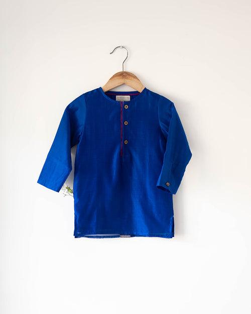 Nilambari royal blue boys ethnic kurta in handwoven cotton silk