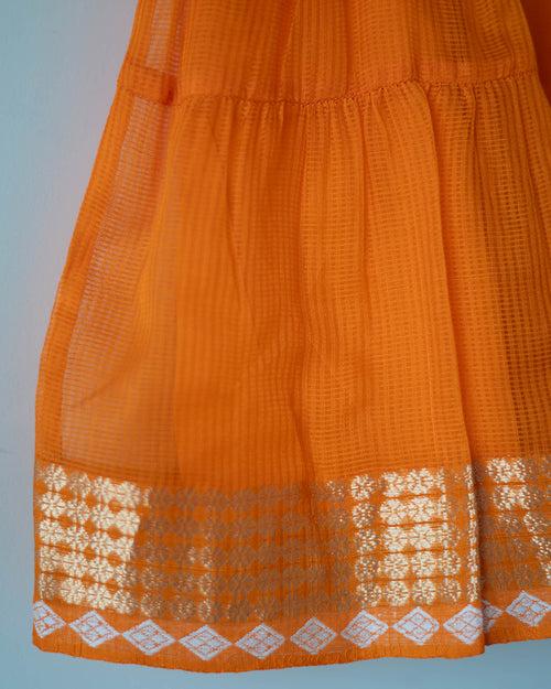 Kesar orange  Infant tiered festive dress in handwoven cotton silk (0-12 months)