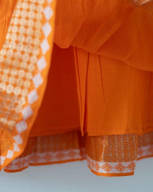 Kesar orange  Infant tiered festive dress in handwoven cotton silk (0-12 months)