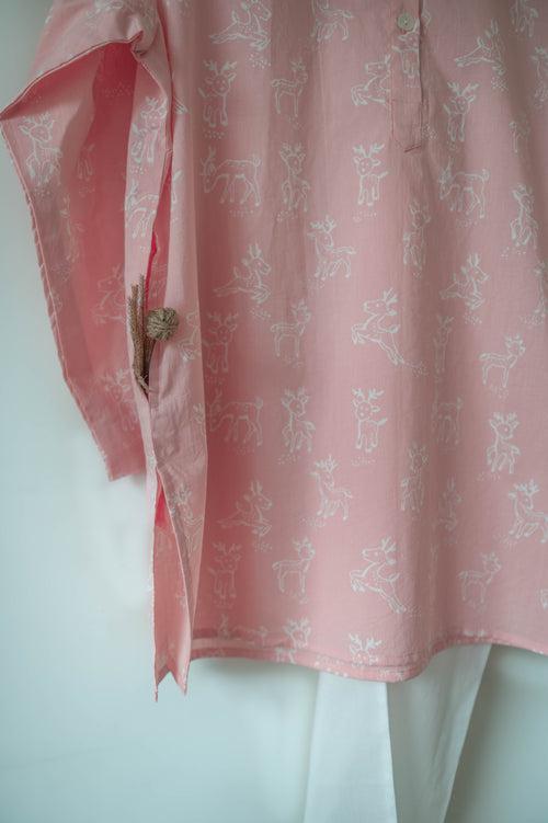 ‘I want to be like grandpa’ kurta pajama set in peachy pink reindeers hand block print - Grown up version