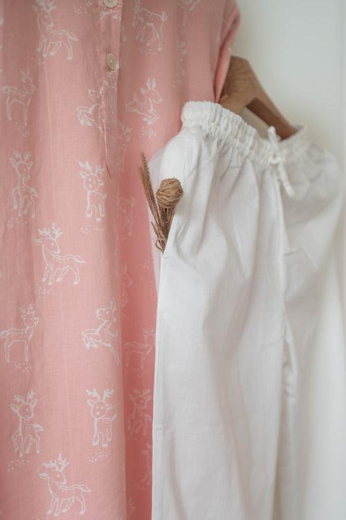 ‘I want to be like grandpa’ kurta pajama set in peachy pink reindeers hand block print - Grown up version