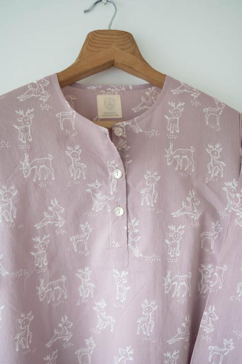 ‘I want to be like grandpa’ kurta pajama set in lilac reindeers hand block print - Grown up version