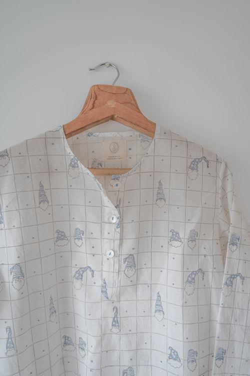 ‘Sleepover Party’ unisex checkered powder blue elves full sleeve kurta and shorts set in peach moon chase hand block print