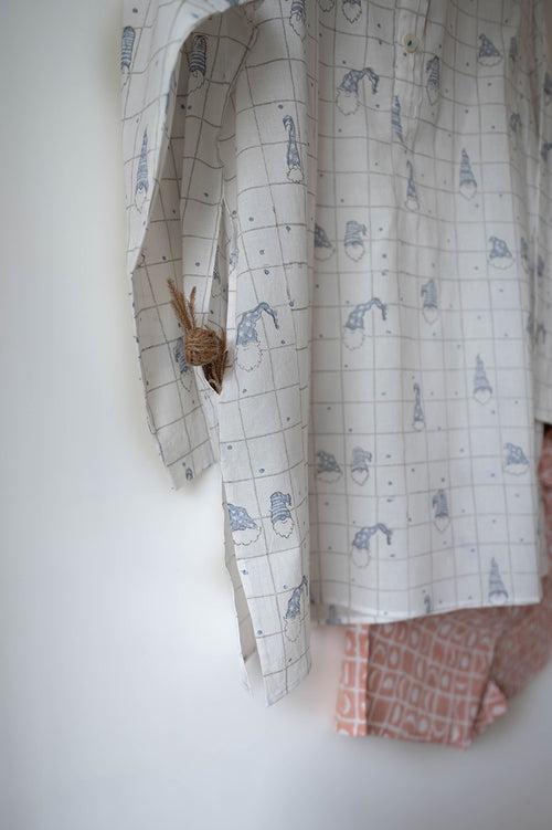 ‘Sleepover Party’ unisex checkered powder blue elves full sleeve kurta and shorts set in peach moon chase hand block print