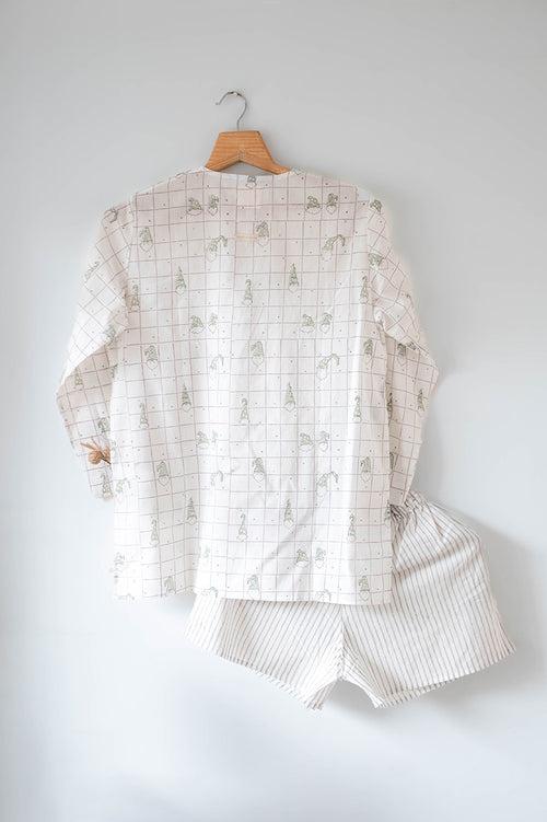 ‘Sleepover Party’ unisex checkered sage green elves full sleeve kurta and shorts set in hand block print stripes - Grown up version