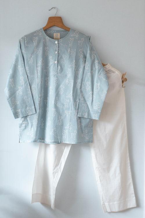‘I want to be like grandpa’ kurta pajama set in powder blue reindeers hand block print - Grown up version