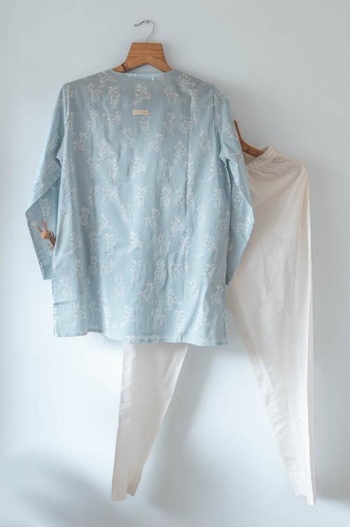 ‘I want to be like grandpa’ kurta pajama set in powder blue reindeers hand block print - Grown up version