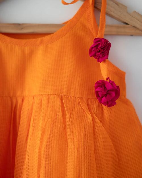 Kesar orange  Infant tiered festive dress in handwoven cotton silk (0-12 months)