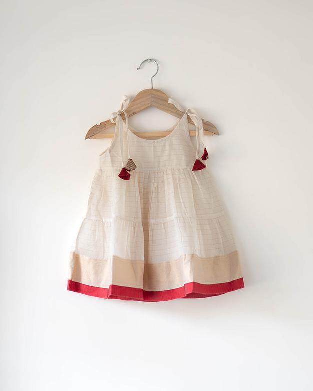 Parijat white infant tiered festive dress in handwoven cotton silk (0-12 months)