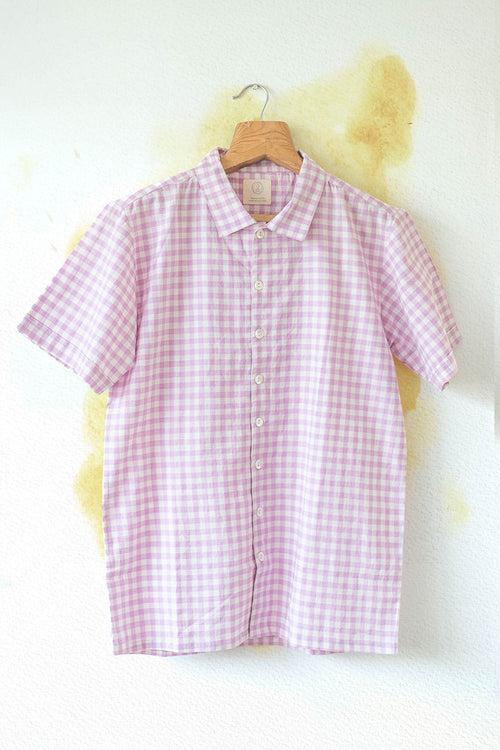 'Dew kissed grass' Mens half sleeve purple checks handwoven cotton casual shirt