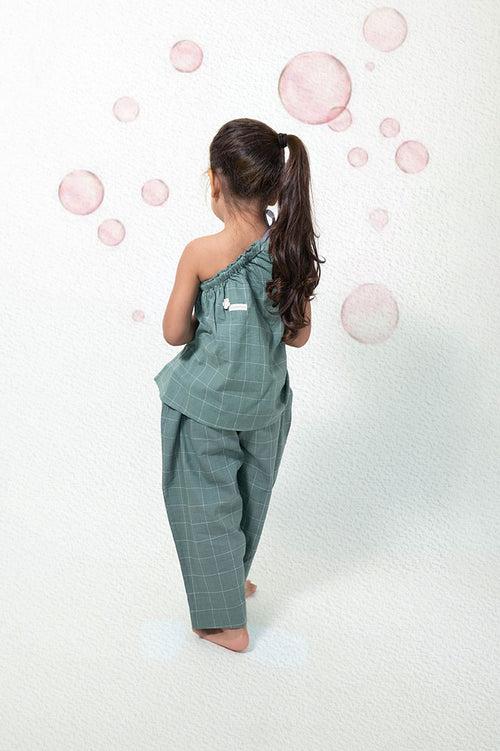 ‘Bubble Baths’ teal checks two piece coord one shoulder top and pant