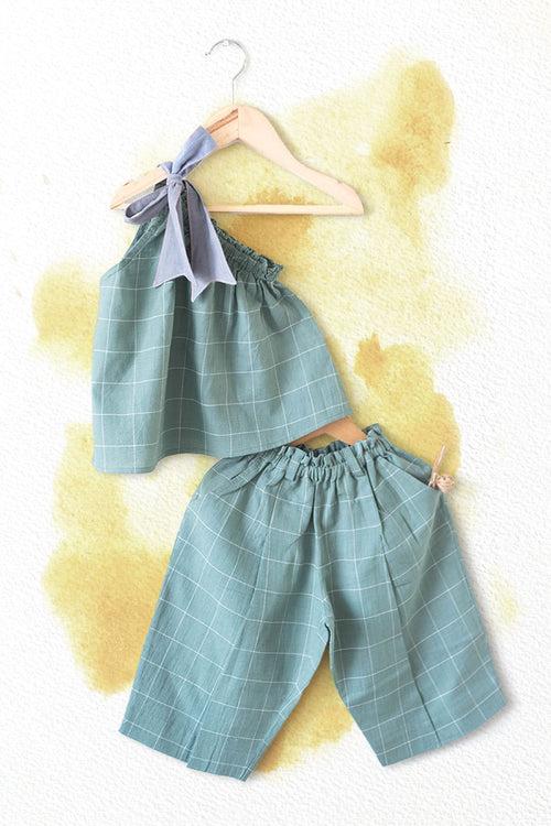 ‘Bubble Baths’ teal checks two piece coord one shoulder top and pant