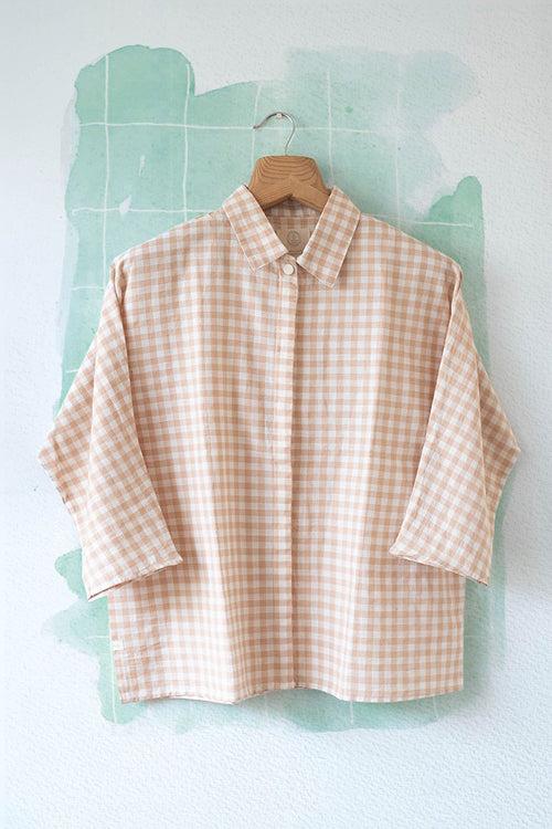 ‘Morning coffee' handwoven cotton kimono style women's baggy shirt in beige checks