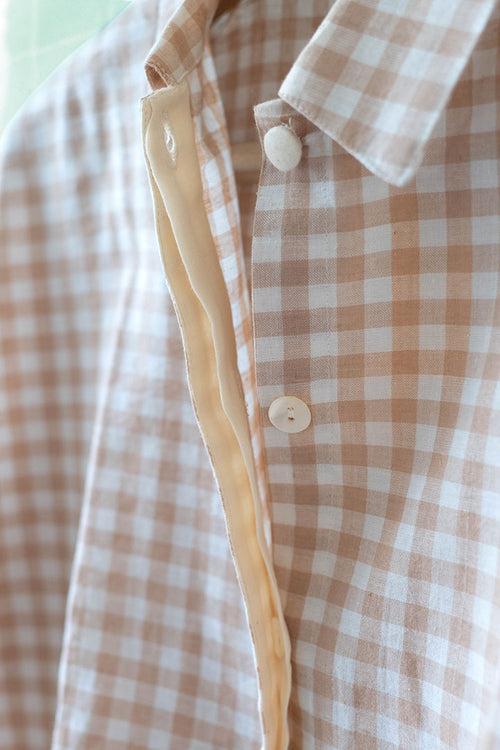 ‘Morning coffee' handwoven cotton kimono style women's baggy shirt in beige checks