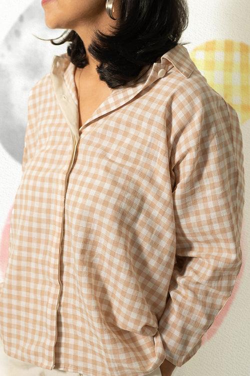 ‘Morning coffee' handwoven cotton kimono style women's baggy shirt in beige checks