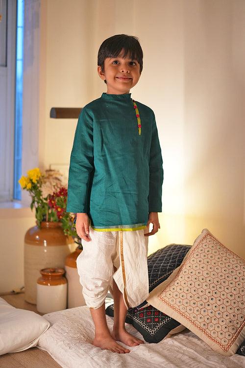 Panna boys ethnic wear kurta in green handwoven cotton silk