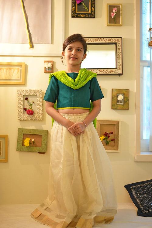 Panna girls ethnic wear set with green blouse white lehenga and lime green dupatta in handwoven cotton silk