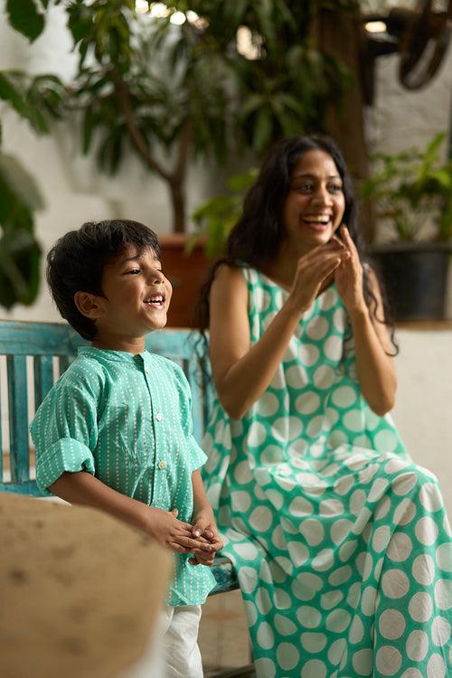 ‘Barefoot Boy’ mandarin collar hand block printed malmal cotton unisex full sleeve summer shirt in blue with white polka dots for boys and girls