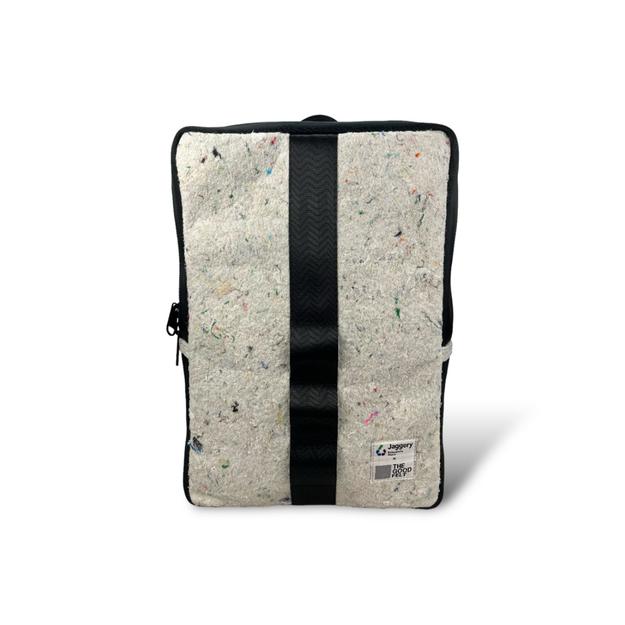 The Good Backpack in White Felt and Rescued Black Car Seat Belts [15" laptop Bag]