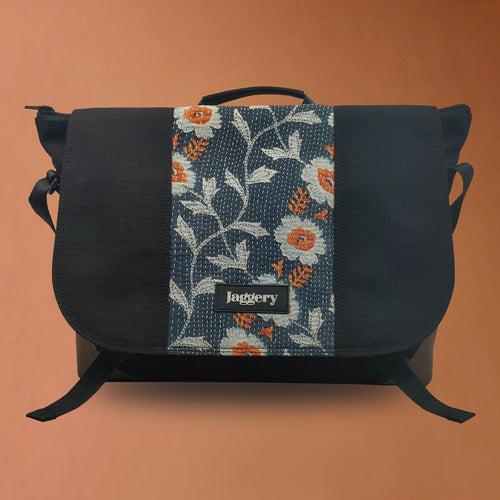 Punar Prayog Doer's Messenger Bag in Ex-Army Black Canvas & Kantha  [15" laptop bag]