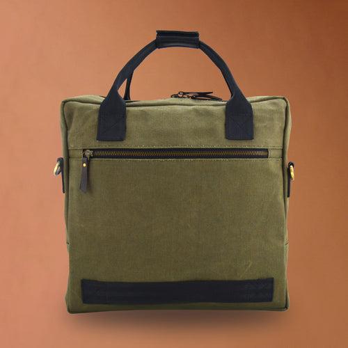 Punar Prayog Pilot's Everyday Bag in Ex-Army Olive Green Canvas, Kantha and Rescued Car Seat Belts [13" laptop bag]