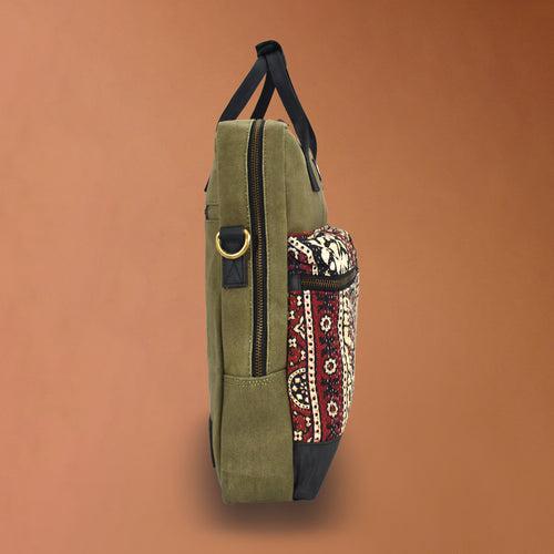 Punar Prayog Pilot's Everyday Bag in Ex-Army Olive Green Canvas, Kantha and Rescued Car Seat Belts [13" laptop bag]