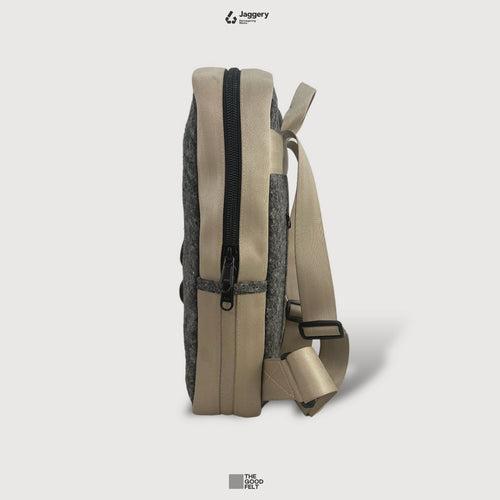 The Good Backpack in Grey Felt and Rescued  Beige Car Seat Belts [15" laptop Bag]