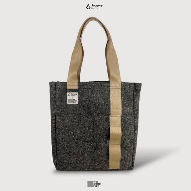 The Good Tote Bag in Grey Felt & Rescued Beige Car Seat Belts