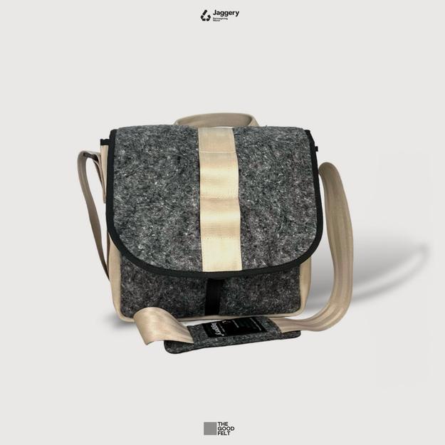 The Good Satchel in Grey Felt and Rescued Beige Car Seat Belts [10" Cafe Bag]