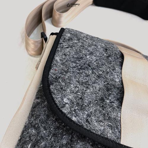 The Good Satchel in Grey Felt and Rescued Beige Car Seat Belts [10" Cafe Bag]