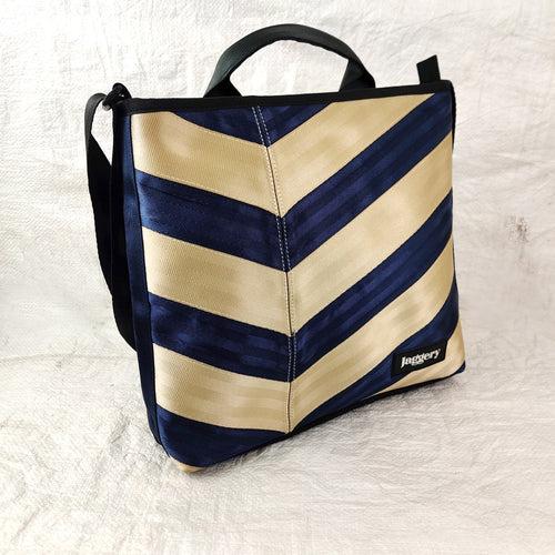 Off-Center Chevron Satchel in Beige & Blue rescued car seat belts [12" bag]