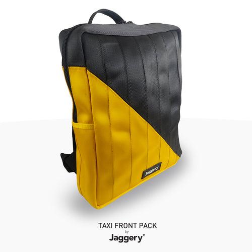 Taxi Front Pack in Black & Yellow Upcycled Car Seat Belts [15" laptop bag]