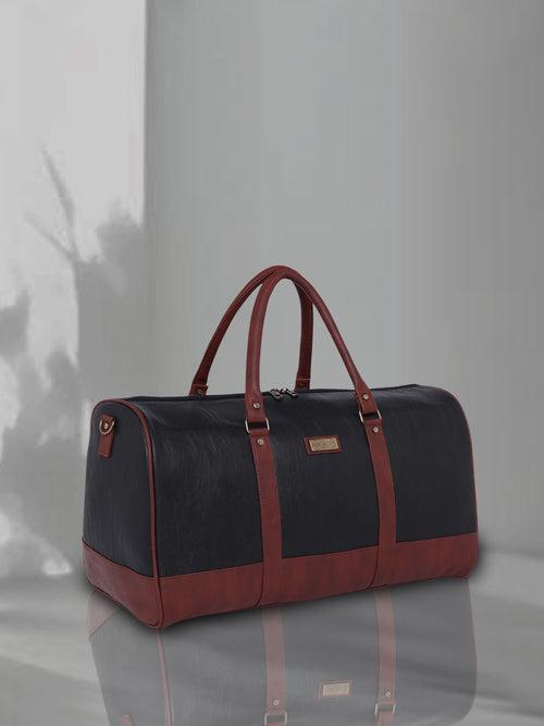 Ink Black Vegan Leather Travel Duffle Bag With External Shoe Pocket