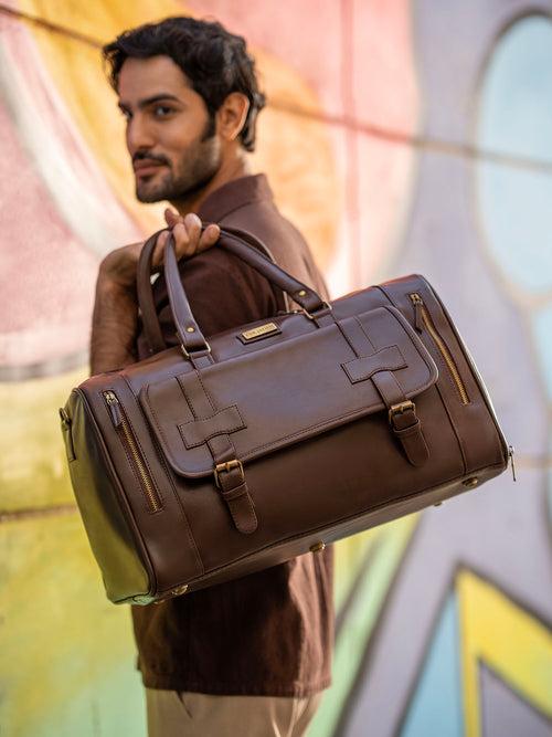 Brown Travel Duffle Bag With Shoe Pocket