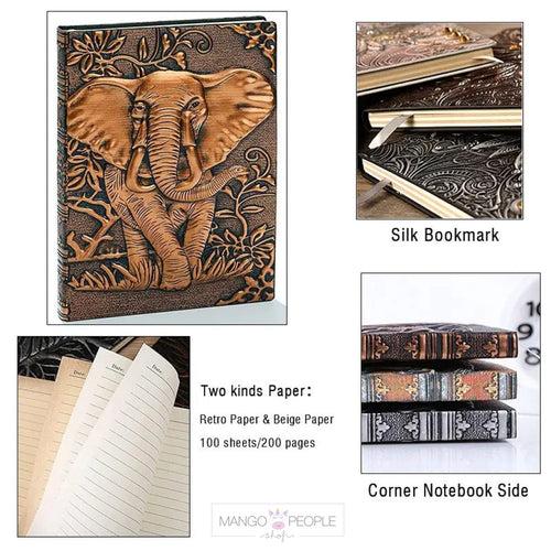 3D Embossed Elephant Vintage Leather Journal Writing Notebook with Pen Set