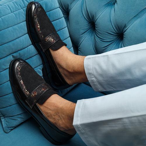 PATENT SLIP-ONS WITH SUEDE-BLACK