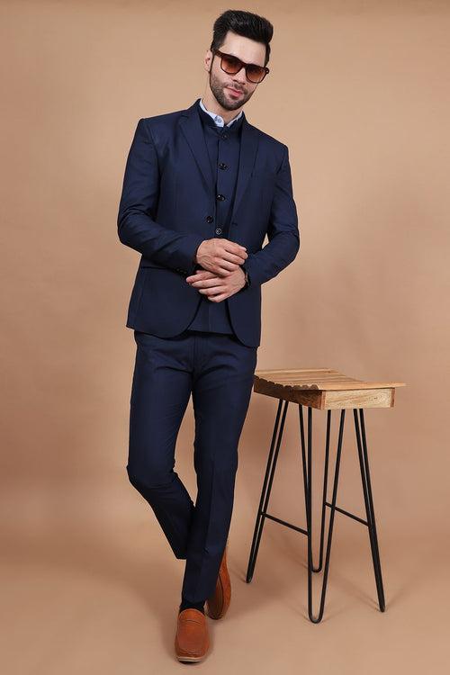 Polyester Cotton Blue Three Piece Suit