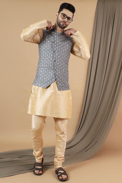 Digital Print Cotton Silk Grey Modi Nehru Jacket