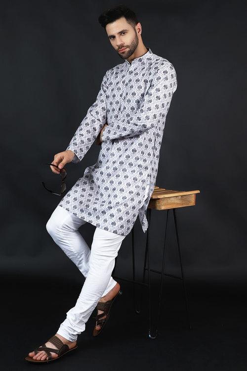 Digital Print Cotton Silk White Kurta Payjama