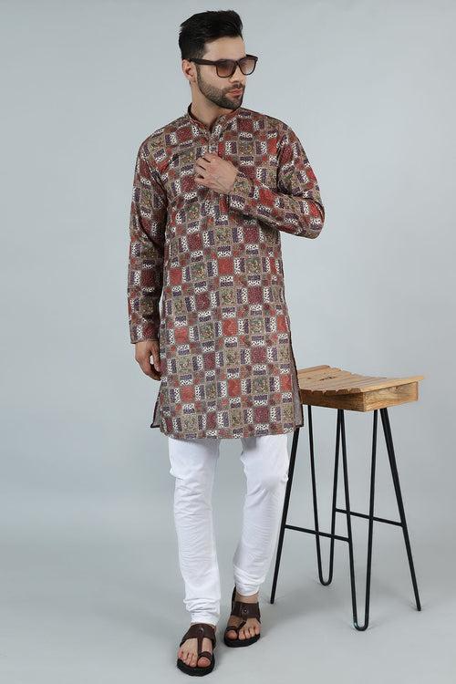 Digital Print Cotton Silk Brown Kurta Payjama