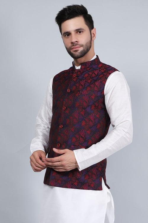 Poly Viscose (BY RAYMOND'S ETHNIC) Red Modi Nehru Jacket