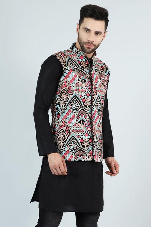 Embroidered Velvet Multicolored Modi Nehru Jacket