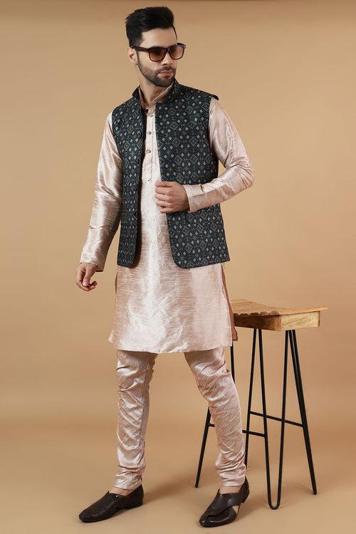 Digital Print Cotton Silk Pink Modi Nehru Jacket & Kurta pyjama Set