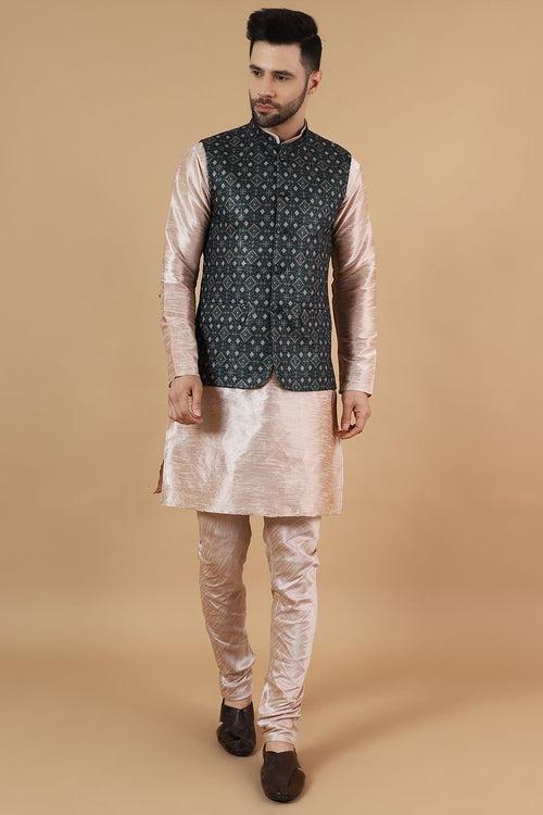 Digital Print Cotton Silk Pink Modi Nehru Jacket & Kurta pyjama Set