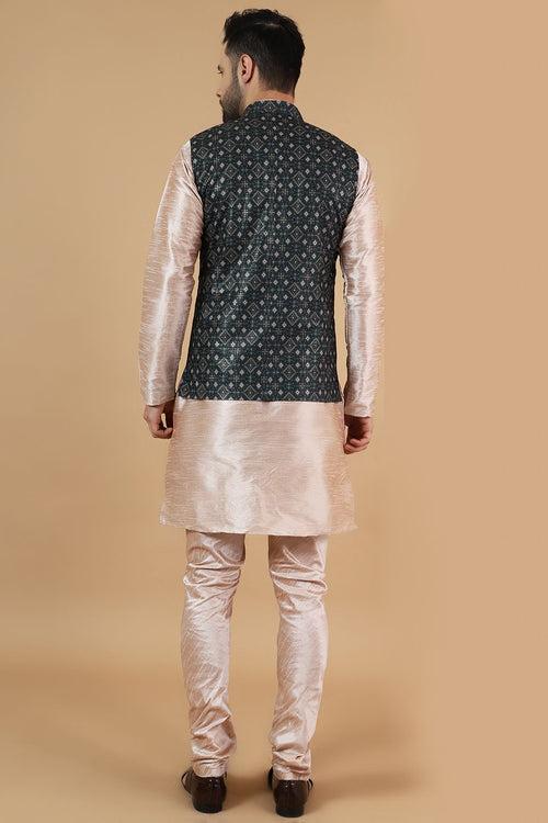 Digital Print Cotton Silk Pink Modi Nehru Jacket & Kurta pyjama Set