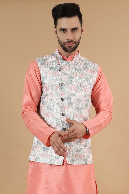 Digital Print Cotton Silk Pink Modi Nehru Jacket