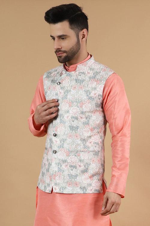 Digital Print Cotton Silk Pink Modi Nehru Jacket