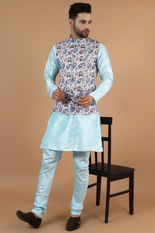 Digital Print Cotton Silk White Modi Nehru Jacket